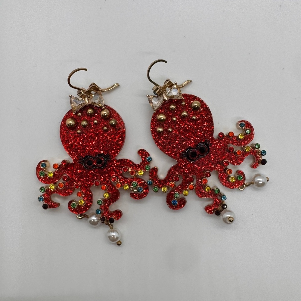 Betsy Johnson Statement drop earrings colorful red glitter octopus with pendant - Picture 5 of 10